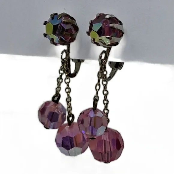 Vintage 1950s/60s Pink Aurora Borealis Crystal Dangle Clip-On Earrings - Picture 4 of 5